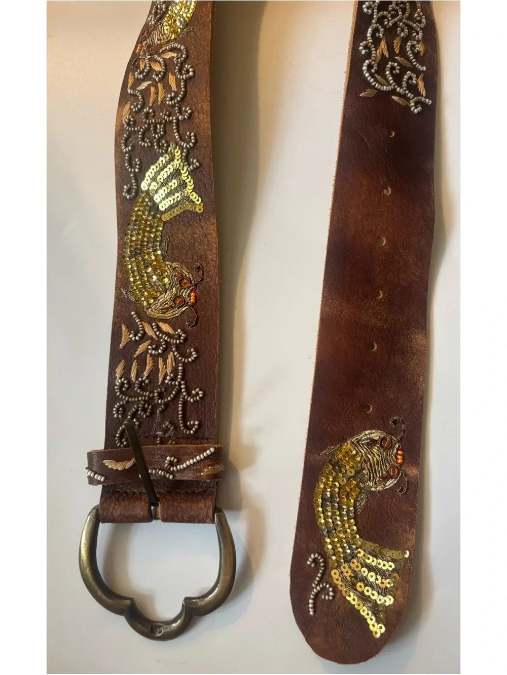Vintage 80’Betsey Johnson  Leather Beaded Fish Belt ~Gold Sequins Size M
